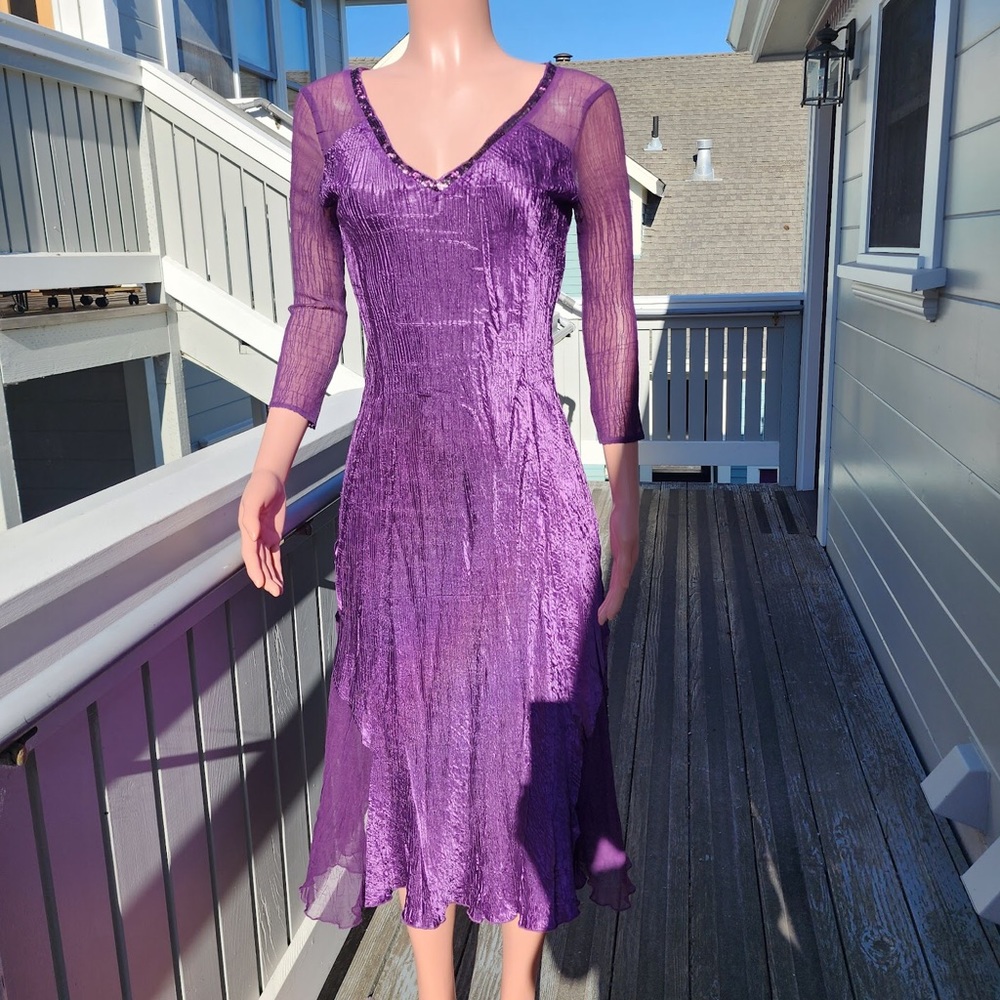 Komarov Purple Charmeuse Chiffon Sequin Midi Dress S